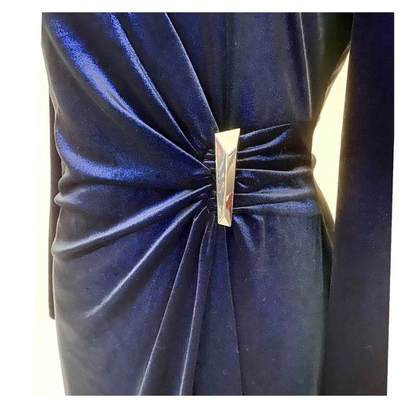 Calvin Klein Shimmery Sapphire Velvet Faux Wrap Side Gold Buckle Dress - Picture 5 of 9